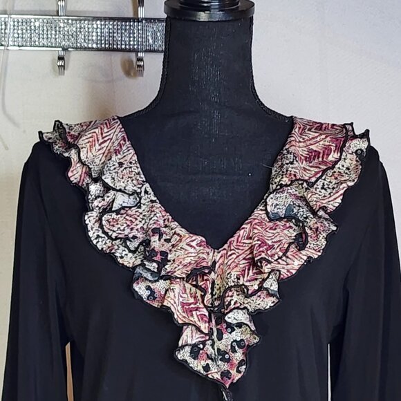 Jaipur Y2K Black Maroon Black Tan Animal Print Ruffle Neck Sequin LS Top Size XL - Picture 2 of 16